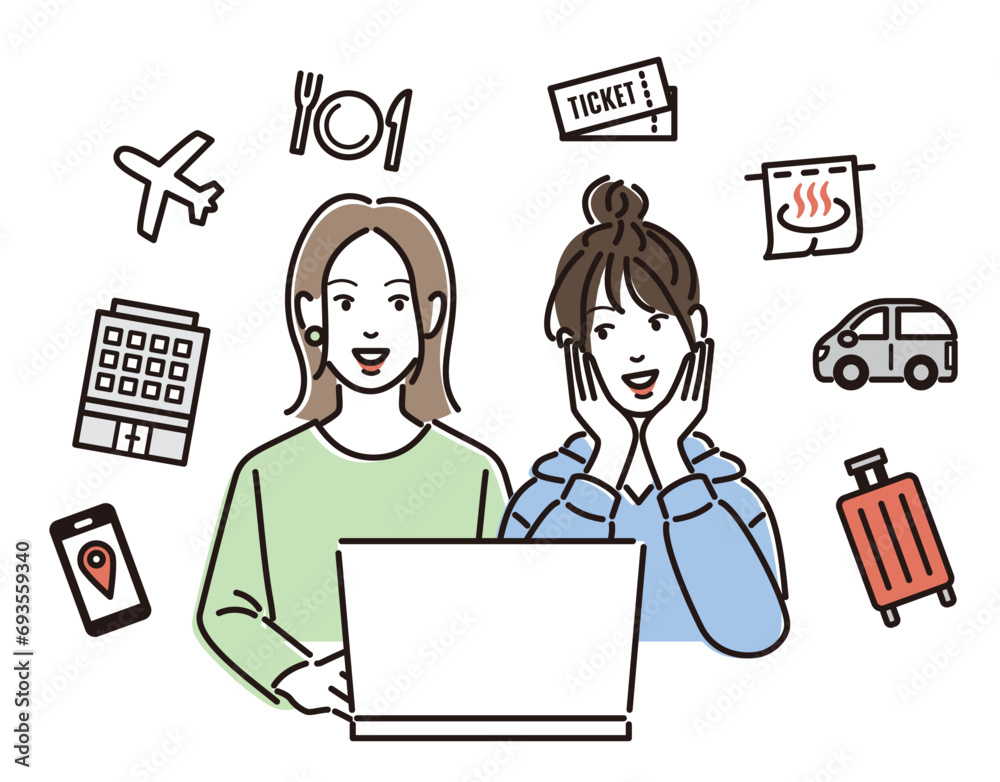 PC前で旅行の計画を立てる若い女性 PC前で旅行の計画を立てる若い女性