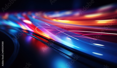 Bright light paths in motion on a dark background, abstract illuminated lines creating a dynamic and futuristic scene
