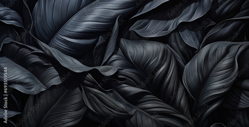 An elegant flow of dark tones: close-up of intricate, smooth and glossy black leaves creating a mesmerizing pattern