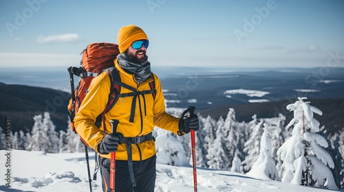 Mountaineer backcountry skiing in snowy alpine landscape with beautiful snow covered trees