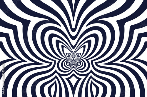 Waves radiating from the butterfly in the center. Composition of stripes with optical illusion. Op art background. Vector template