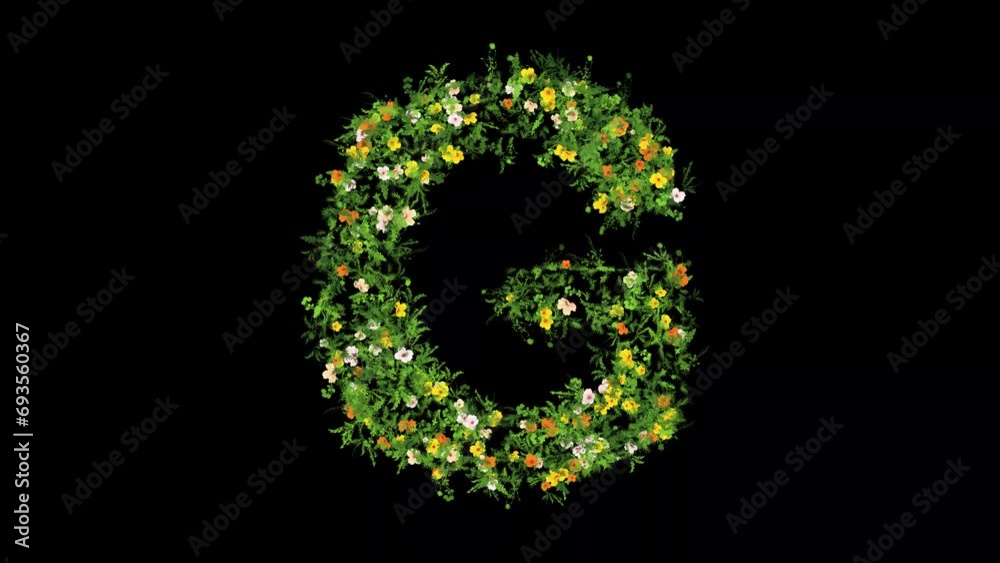 English alphabet G with grass and colorful flowers on plain black background