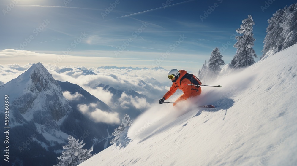 Thrilling downhill skiing in stunning alpine landscape with blue sky for text placement