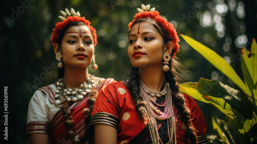 two women in vibrant Assamese traditional dress during indian festival