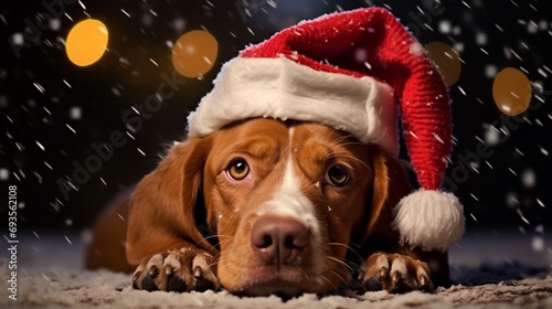 Cane festeggia il Natale, cappello di babbo natale e regali, atmosfera natalizia. photo