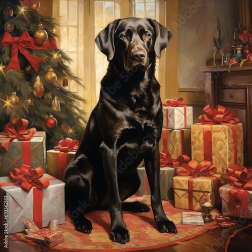 Cane festeggia il Natale, cappello di babbo natale e regali, atmosfera natalizia.