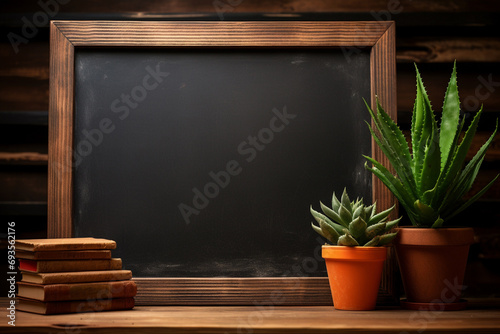 Embrace the simplicity of a rectangle blackboard with a wooden frame, empty surface invites the promise of ideas and artistic expression in the midst of nature. Generative AI.