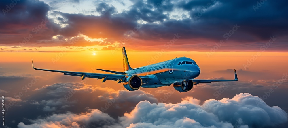 Commercial jetliner soaring above dramatic sunset clouds, embodying travel and adventure.