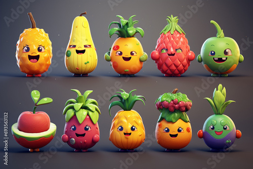 Vegetables and fruits in a new light as funny  stylized sketch cartoon characters. This playful collection of icons adds a dash of humor to your culinary palette. Generative AI.