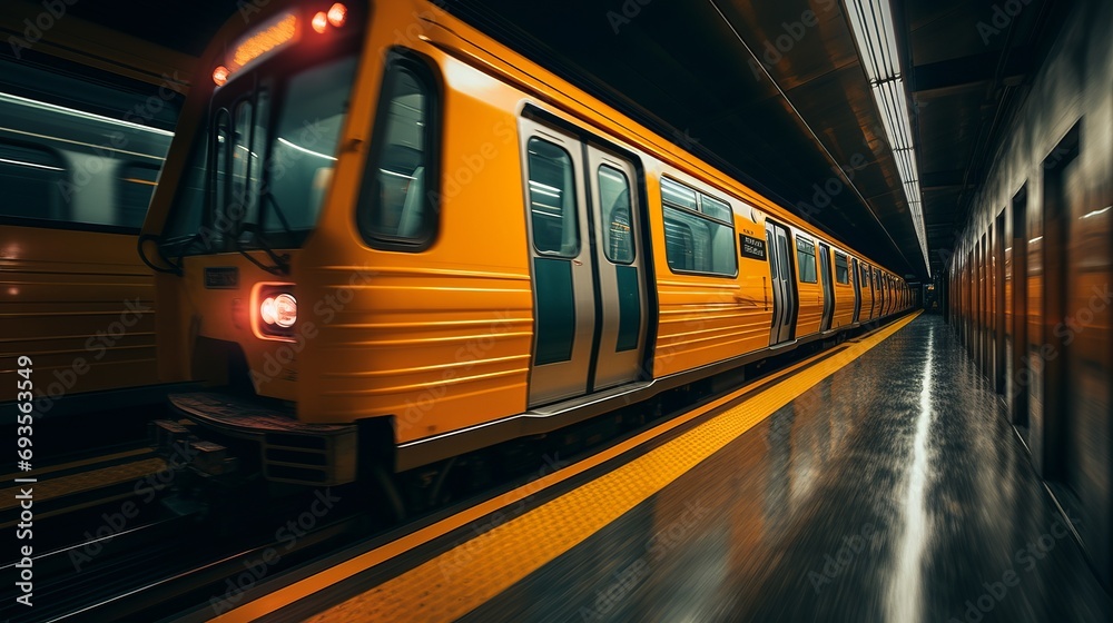 Sleek and futuristic urban subway train in motion, showcasing modern transportation design
