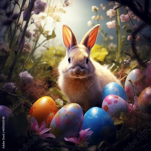Coniglio di pasqua con uova dipinte, allegria, serenità, festa. photo