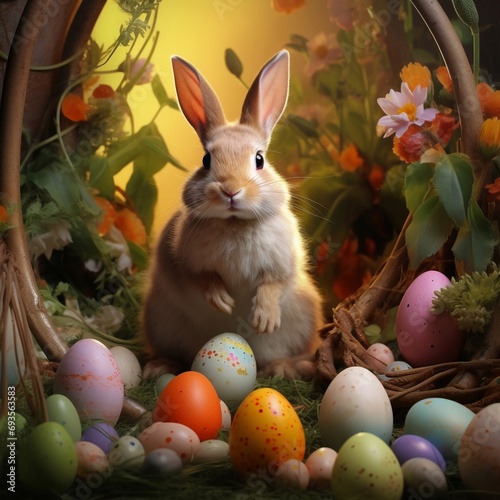 Coniglio di pasqua con uova dipinte  allegria  serenit    festa.