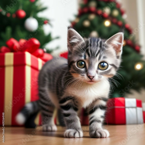 cat and christmas tree, presents, Generative AI