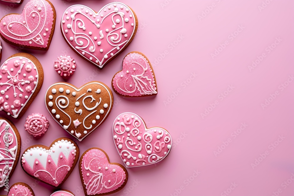 Heart shaped cookies, pink icing on love pastry baked and hand-decorated with love. Showing romantic emotions with home-made cookies. Card, banner. Heart shaped cookies, pink icing on love pastry baked and hand-decorated with love. Showing romantic emotions with home-made cookies. Card, banner.