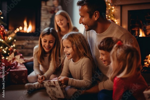 I bambini, in pigiama, aprono i regali di Natale davanti al caminetto, mentre i genitori sullo sfondo sorridono, guardandoli. photo
