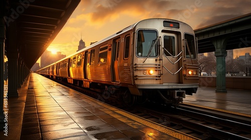 Sleek and futuristic modern subway train in motion through bustling urban metropolis at night