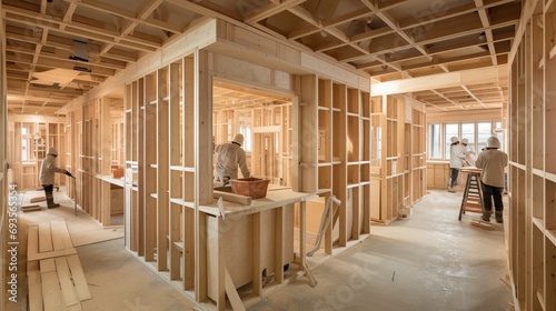 Step by step installation of wooden house frame with workers and partitions in apartment building photo