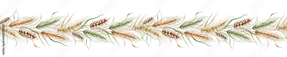 Watercolor seamless border of wheat ears. Oats, barley and rye are hand drawn. Horizontal botanical decoration isolated background. Drawing designs for bakery and invitations. - obrazy, fototapety, plakaty 