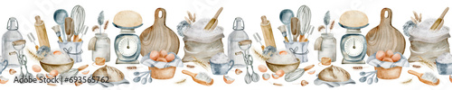 Preparing bakery products seamless border. Watercolor utensils and tools for making homemade baked goods. Cooking desserts and bread drawn by hand. Design concept for a cafe menu.