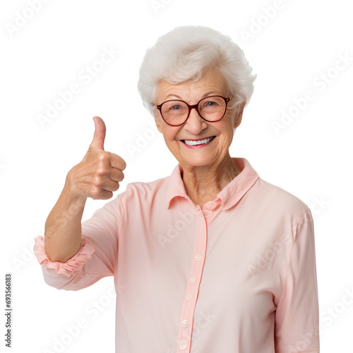 Healthy old woman giving thumbs up and smiling happily on transparent background PNG