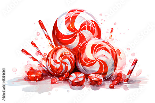 Christmas candy cane red and white. Sweet New Year's dessert. Caramel, Lollipop, striped candy on white