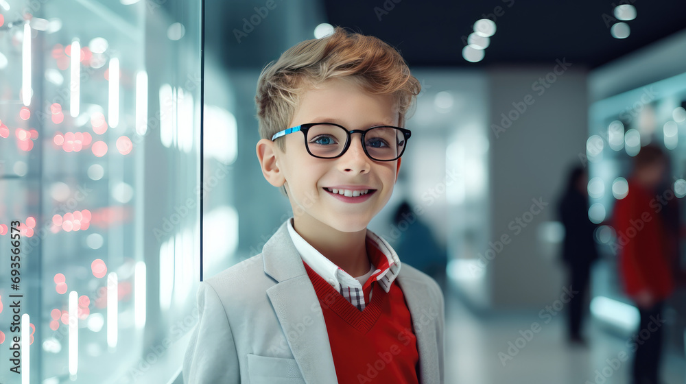 Blond Smiling happy boy wearing glasses stands in an optical store near