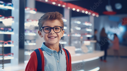 Blond Smiling happy boy wearing glasses stands in an optical store near showcase with glasses. Vision correction, glasses store visually impaired children. photo