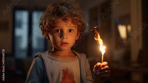 Сhild alone in the room holds a burning match in his hand. Fire danger, children and fire, fire danger, child safety at home.