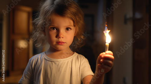 Сhild girl alone in the room holds a burning match in his hand. Fire danger, children and fire, fire danger, child safety at home.