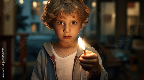 Сhild boy alone in the room holds a burning match in his hand. Fire danger, children and fire, fire danger, child safety at home. photo