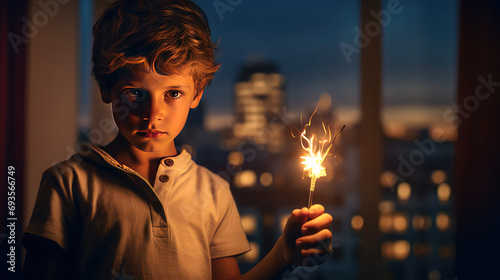 Сhild boy alone in the room holds a burning match in his hand. Fire danger, children and fire, fire danger, child safety at home.