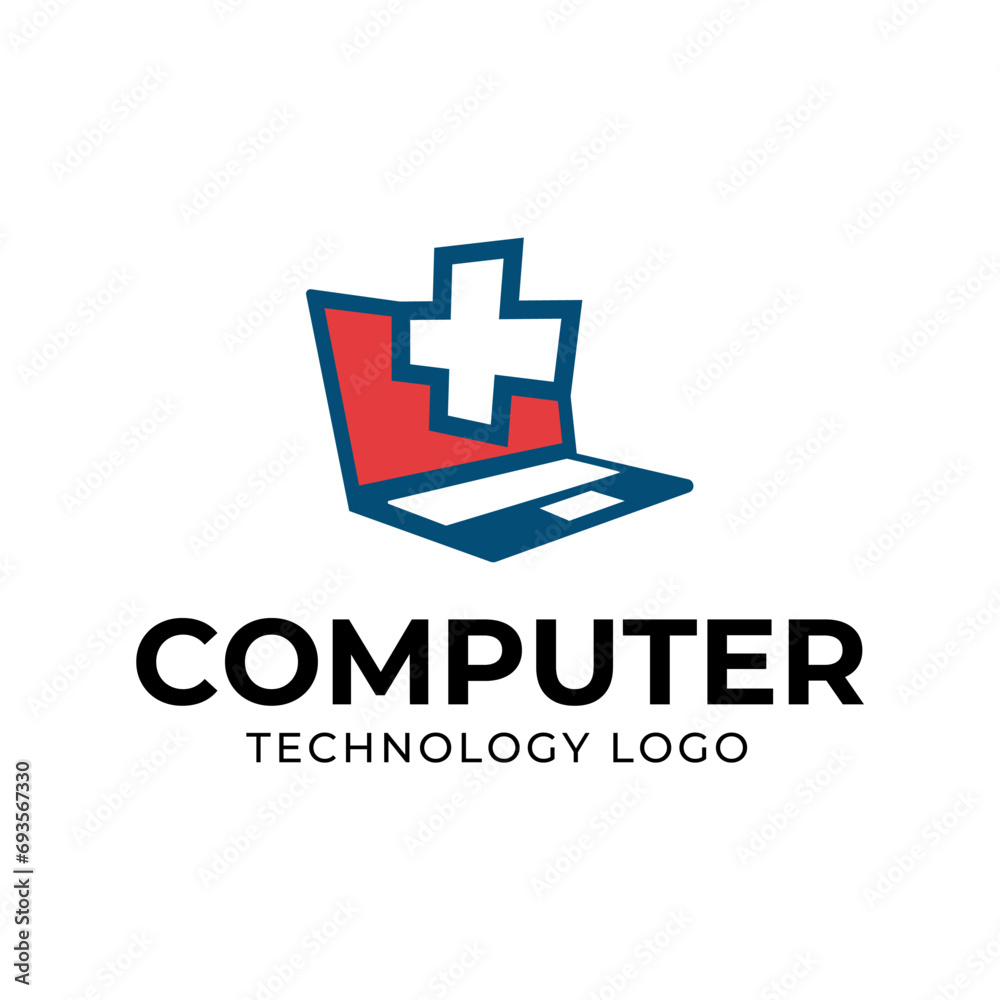 Fototapeta premium Computer logo design. Pc fix, repair, Computer maintenance service, software, Computer tech shop vector illustration isolated on white background