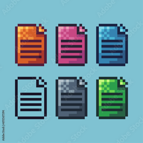 Pixel art sets of document icon with variation color item asset. Document paper icon on pixelated style. 8bits perfect for game asset or design asset element for your game design asset