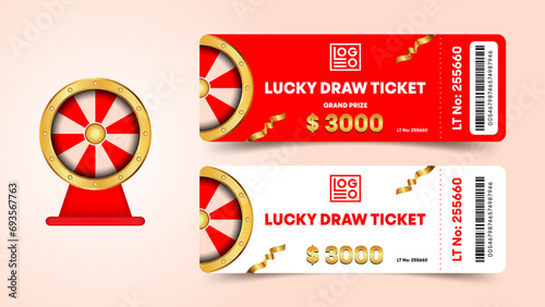Lucky Draw Ticket with spinner and golden text in Red and White Colors 
