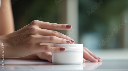 closed up hand and cream jar. Beautiful woman applying skin care cream from white cream jar, Set for spa, skin care and body products and solutions for skin problems such as scars, acne, wrinkles..