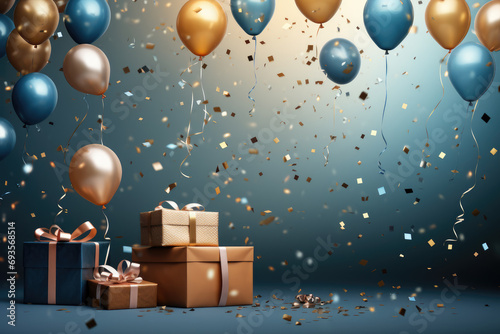 Color balloons an gift boxes for Birthday decoration, Birthday decor with balloons and gift boxes in a room concept, AI generated © Tanu