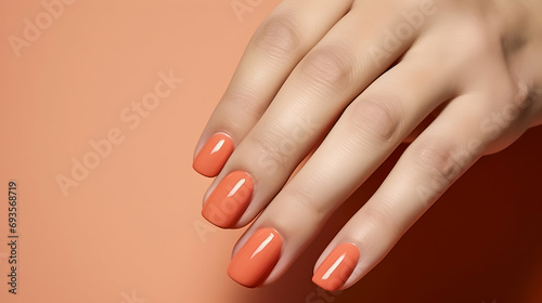 Woman s hand with peach fuzz colour manicure. Trend for 2024 year.