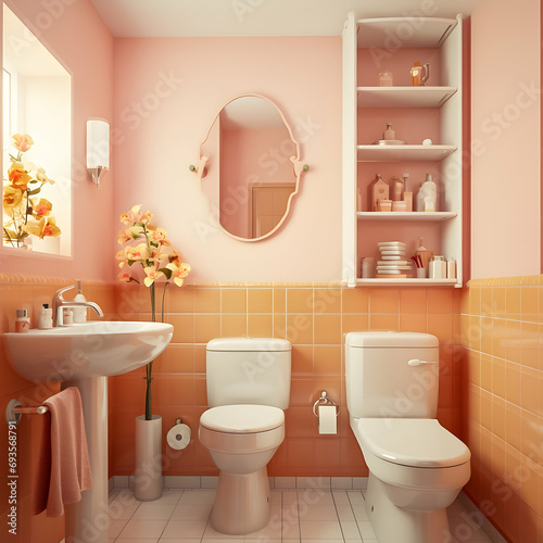 Peach fuzz colour modern bathroom interior with toilet.