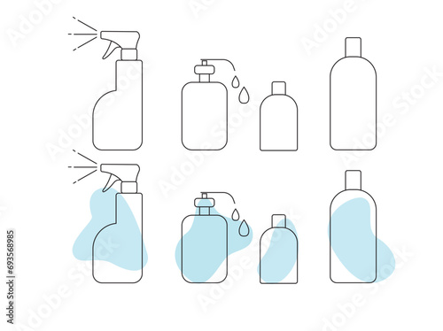 Set of icons of disinfection products spray  gel  sanitizer  soap