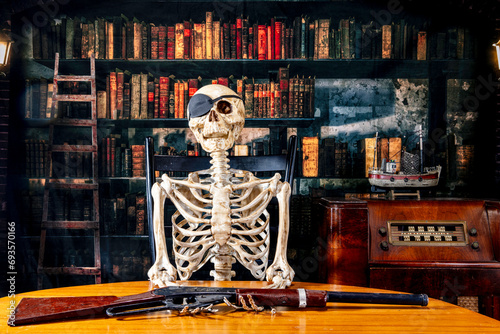 skeleton with eye patch holding retro bb gun with vintage radio and old library background photo