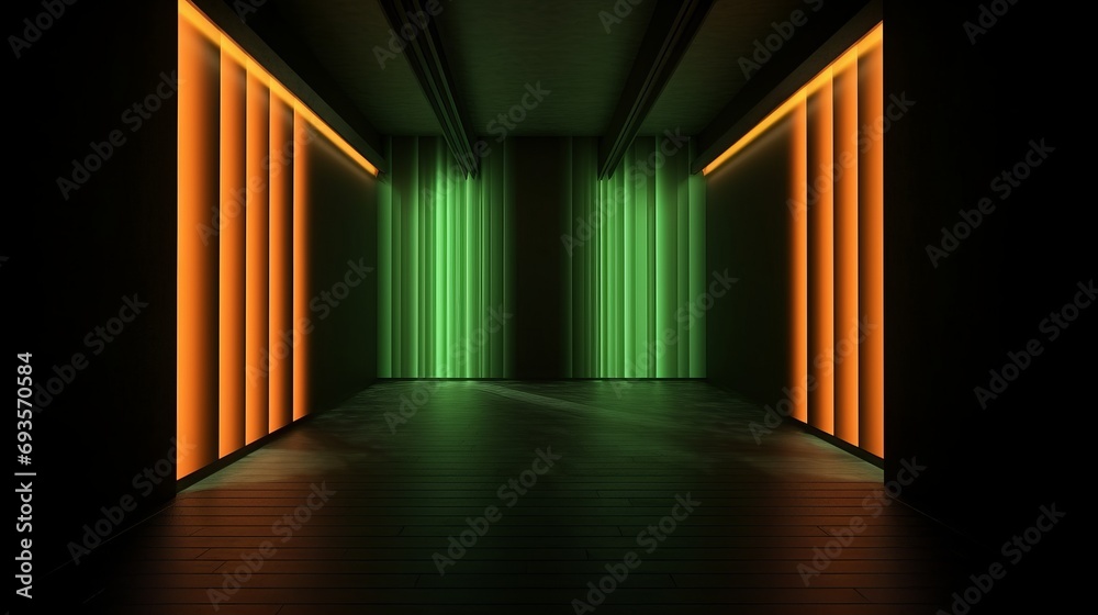 universal abstract futuristic background with built-in green and orange neon lighting for product presentation