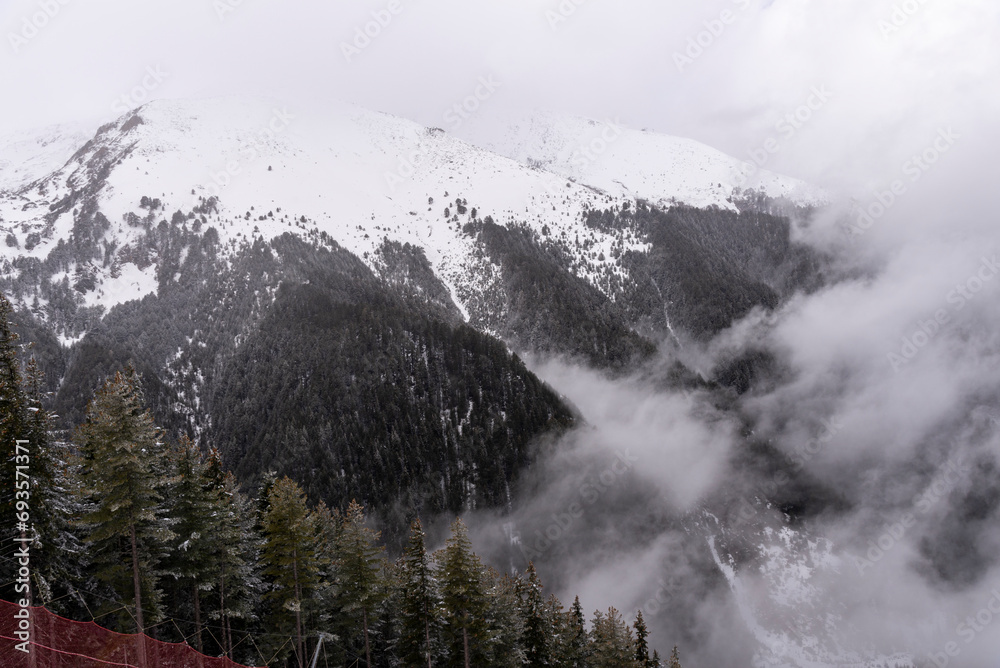 A view through the fog of a dense pine forest in Bansko, Bulgaria. Beautiful winter panoramic mountain landscape. Snowy mountains in Bansko, Bulgaria, nature background.
