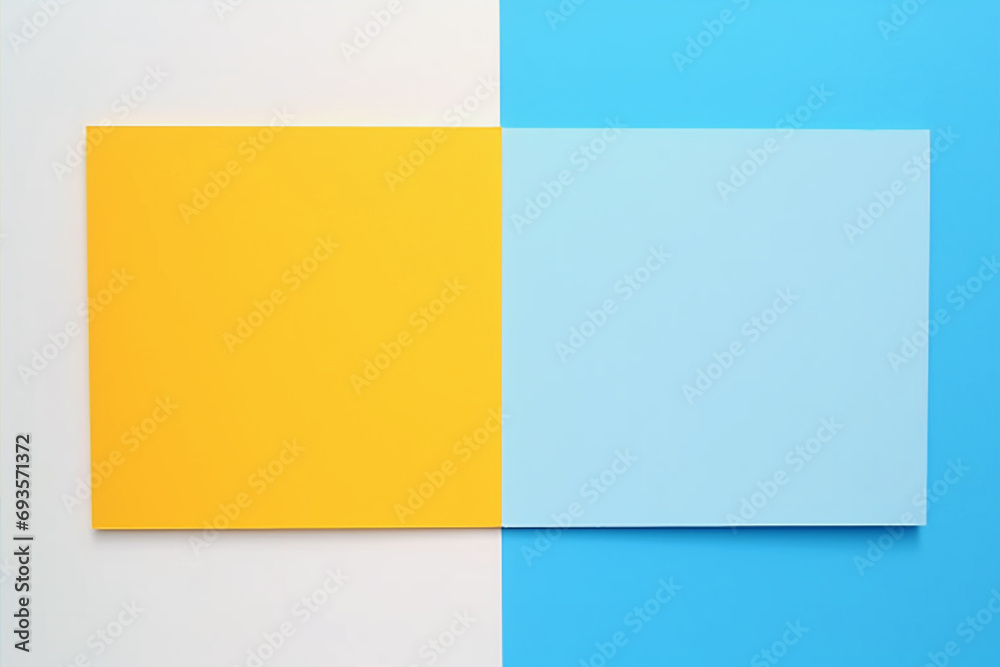 Blank yellow and blue note paper on blue and white background.