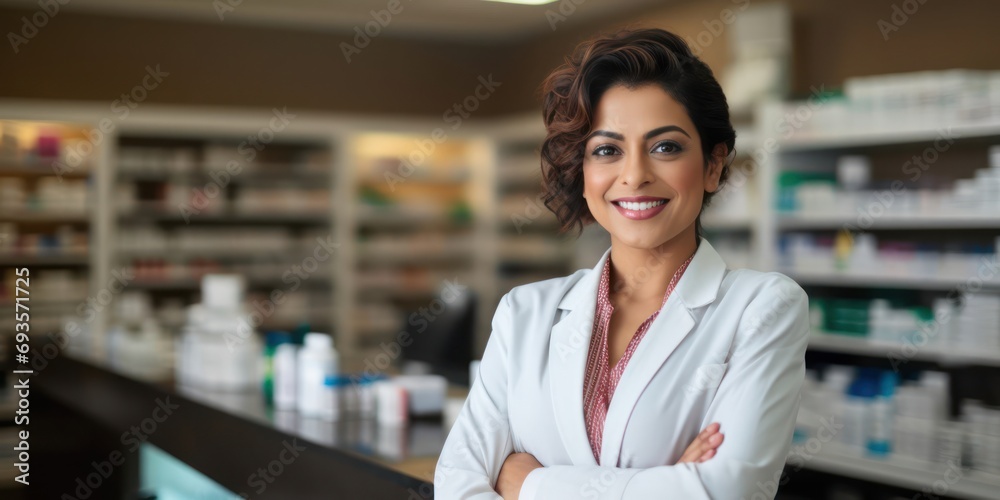 East Indian Woman Pharmacist Job Employment Attractive Background Generative AI
