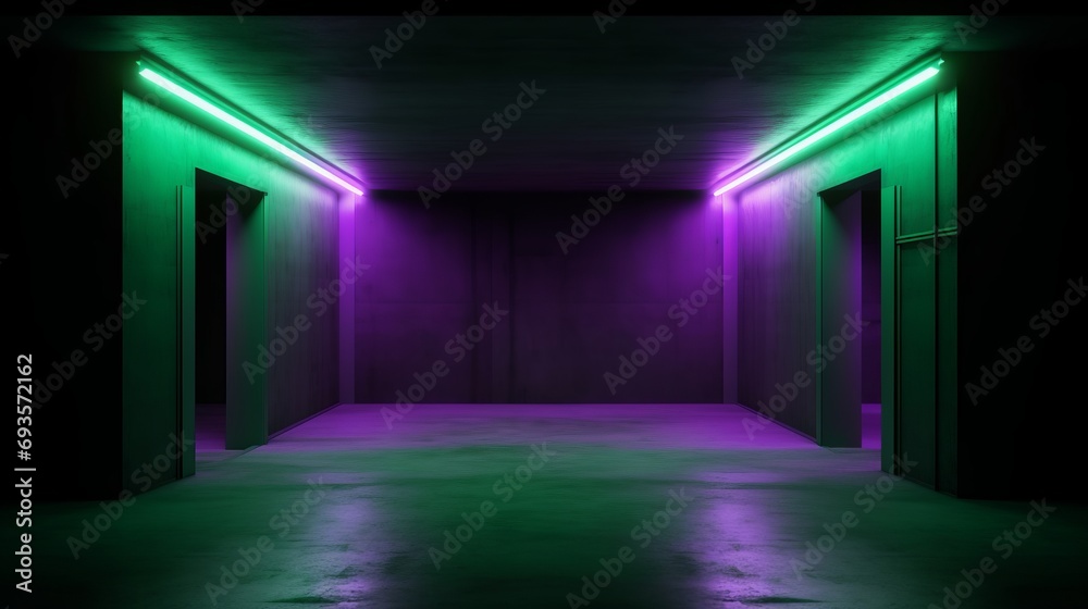 universal abstract futuristic background with built-in green and purple neon lighting for product presentation