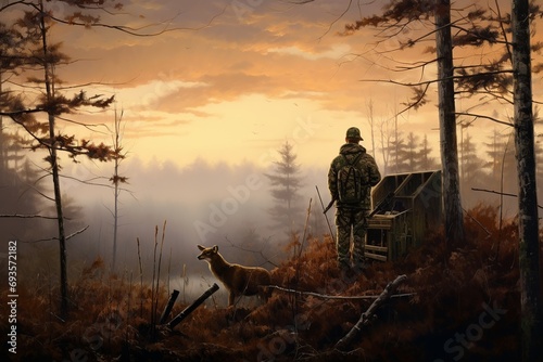 Embark on a serene woodland trek as a deer hunter navigates the tranquil forest, treading lightly over fallen leaves and branches. Equipped with a backpack and rifle