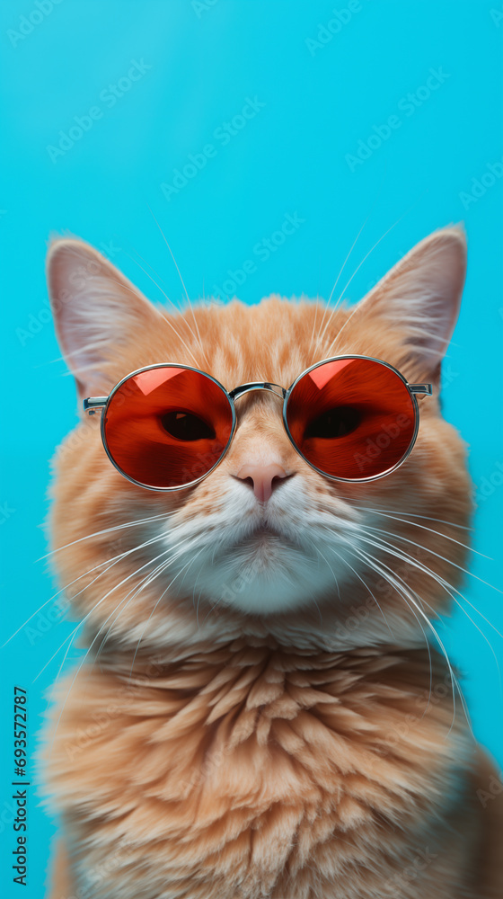 Portrait ginger cat wearing eyes glasses isolated on background, blue texture on background, iOS wallpaper style, smart phone wallpaper,