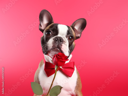 A dog celebrating Valentine's Day with a rose