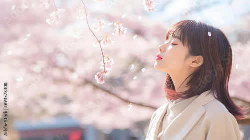 Cute Japanese girl at sakura blooming garden