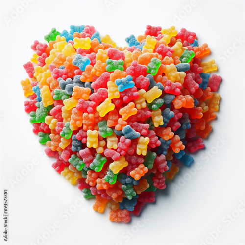 Group of gummy bear and jelly beans be arrange in heart shape on white background. Valentine season.	 photo